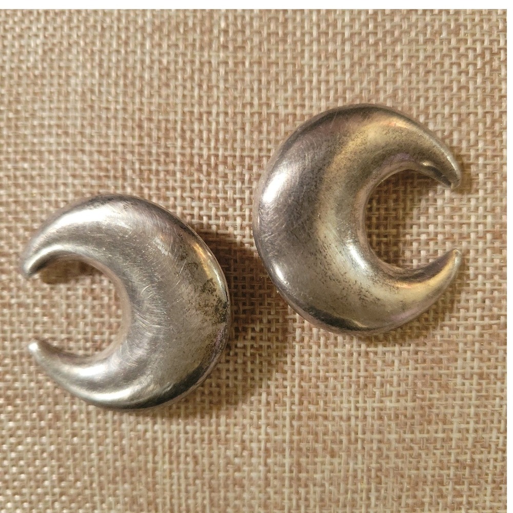 Vintage Mexican Sterling Silver Crescent Moon Clip On Earrings 1.25"